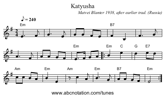 Katyusha - staff notation