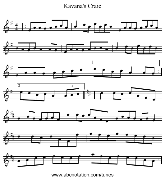 Kavana's Craic - staff notation