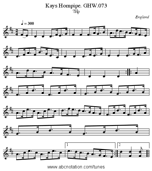 Kays Hornpipe. GHW.073 - staff notation