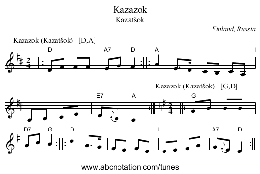 Kazazok - staff notation
