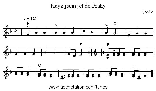 Kdyz jsem jel do Prahy - staff notation