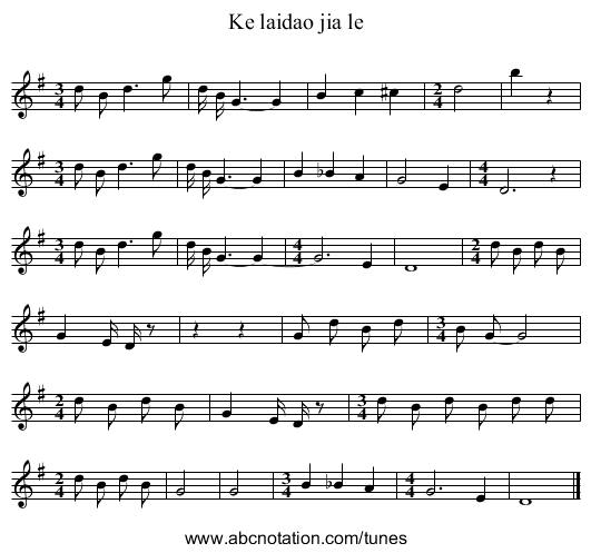 Ke laidao jia le - staff notation
