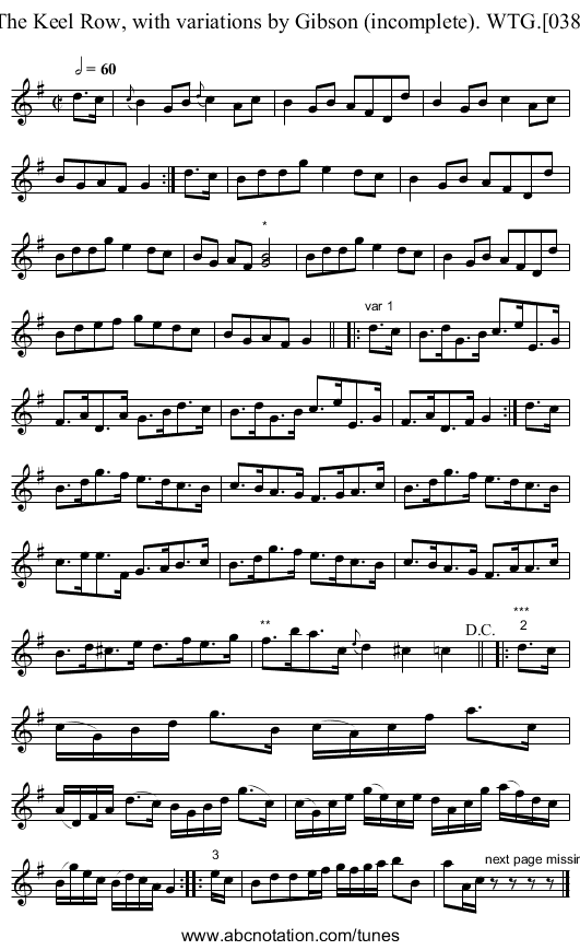 Keel Row, with variations by Gibson (incomplete). WTG.[038], The - staff notation