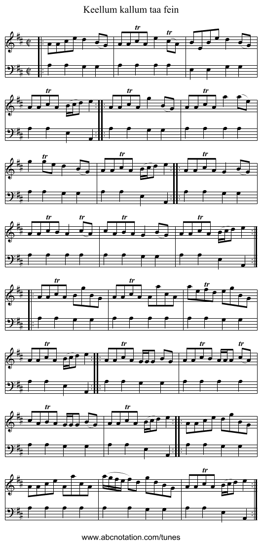 Keellum kallum taa fein - staff notation