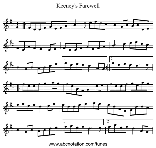 Keeney's Farewell - staff notation