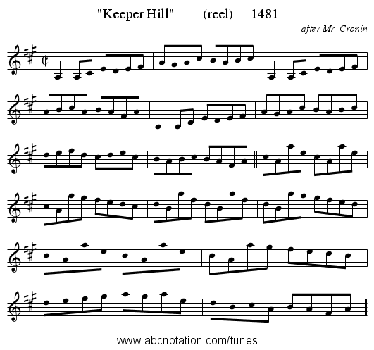 Keeper Hill        (reel)     1481 - staff notation