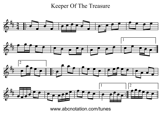 Keeper Of The Treasure - staff notation