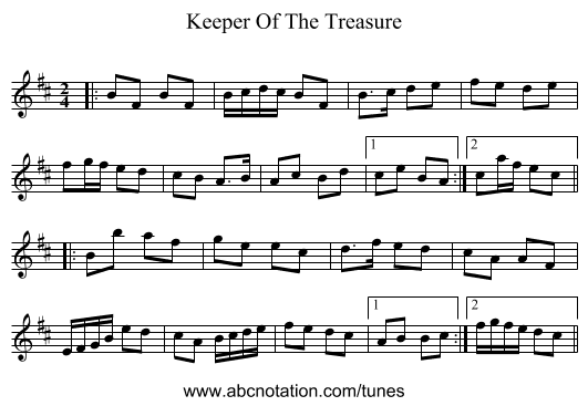 Keeper Of The Treasure - staff notation