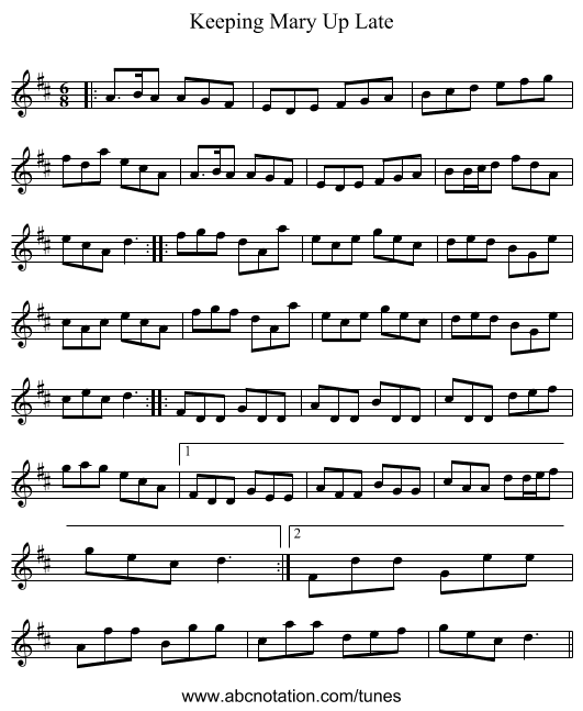 Keeping Mary Up Late - staff notation