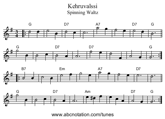 Kehruvalssi - staff notation