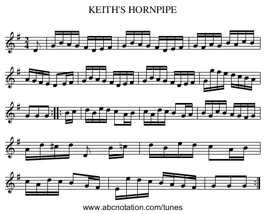 KEITH'S HORNPIPE - staff notation