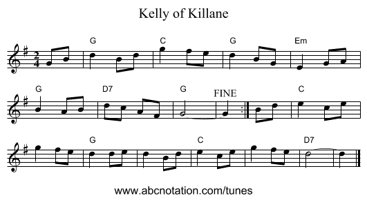 Kelly of Killane - staff notation