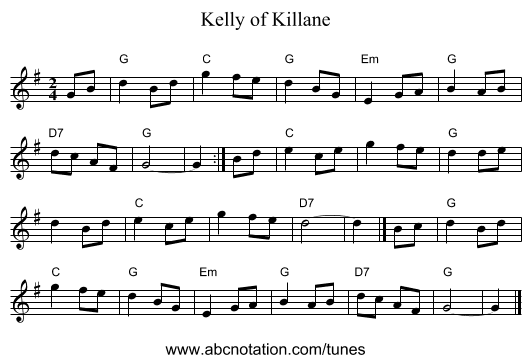 Kelly of Killane - staff notation