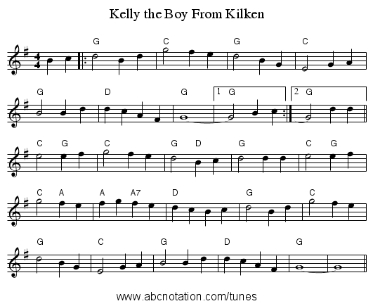 Kelly the Boy From Kilken - staff notation