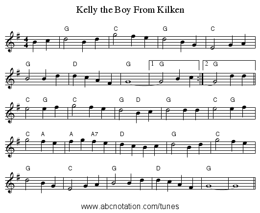 Kelly the Boy From Kilken - staff notation