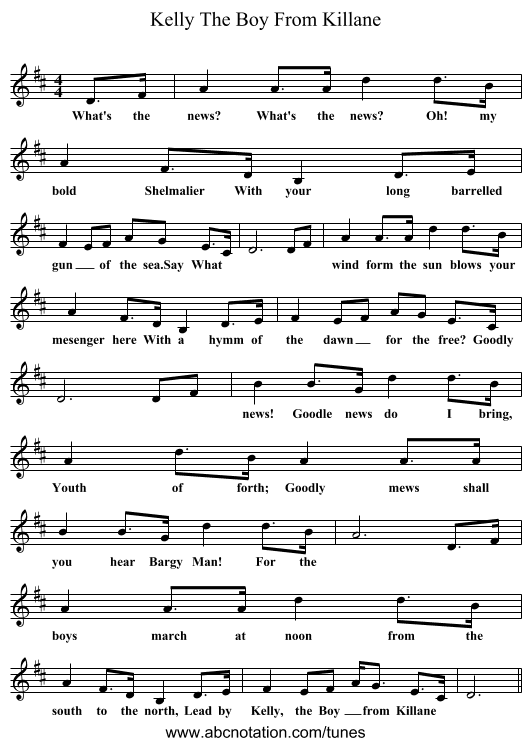 Kelly The Boy From Killane - staff notation
