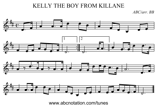 KELLY THE BOY FROM KILLANE - staff notation
