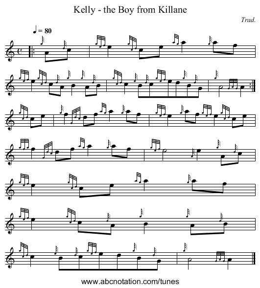 Kelly - the Boy from Killane - staff notation