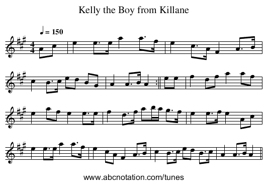 Kelly the Boy from Killane - staff notation