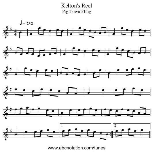 Kelton's Reel - staff notation