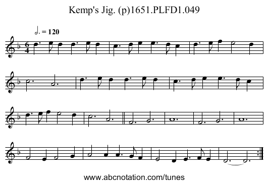 Kemp's Jig. (p)1651.PLFD1.049 - staff notation