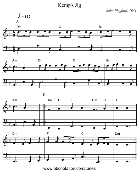 Kemp's Jig - staff notation