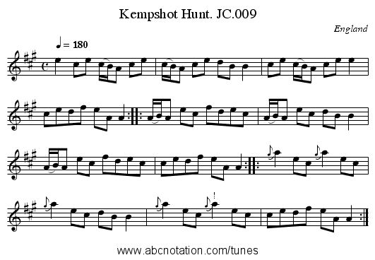Kempshot Hunt. JC.009 - staff notation