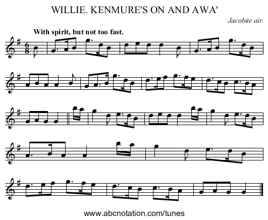 KENMURE'S ON AND AWA', WILLIE. - staff notation