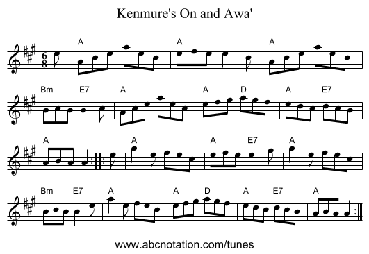 Kenmure's On and Awa' - staff notation