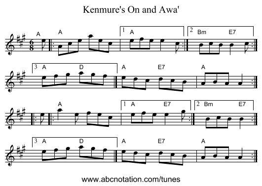 Kenmure's On and Awa' - staff notation