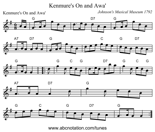 Kenmure's On and Awa' - staff notation