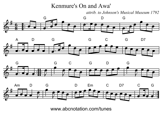 Kenmure's On and Awa' - staff notation