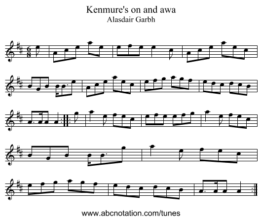 Kenmure's on and awa - staff notation