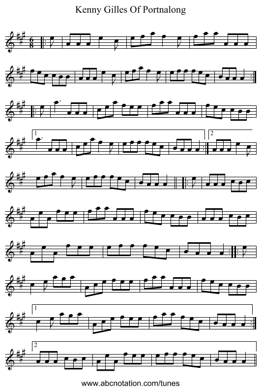 Kenny Gilles Of Portnalong - staff notation
