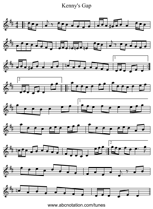 Kenny's Gap - staff notation