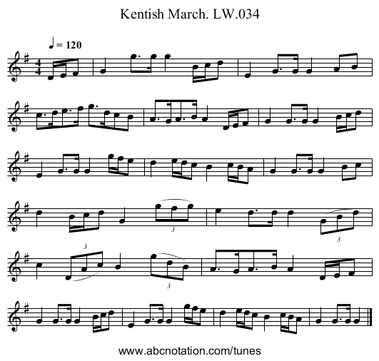 Kentish March. LW.034 - staff notation