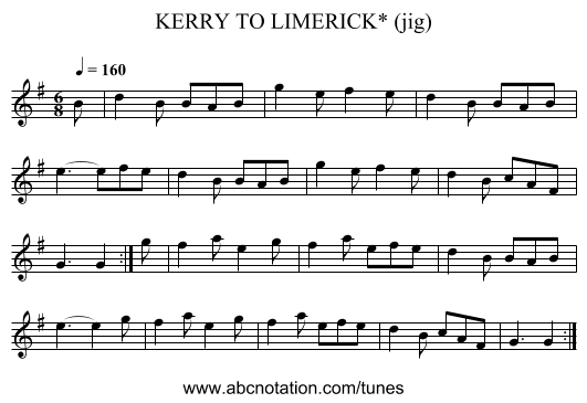 KERRY TO LIMERICK* (jig) - staff notation