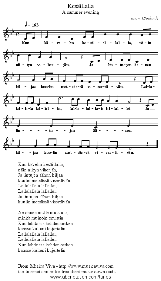 Kes&auml;illalla - staff notation
