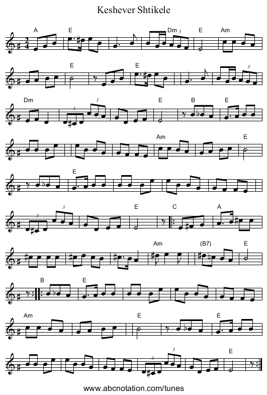 Keshever Shtikele - staff notation