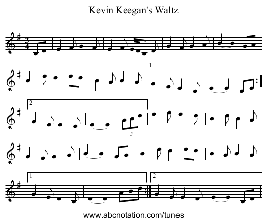 Kevin Keegan's Waltz - staff notation