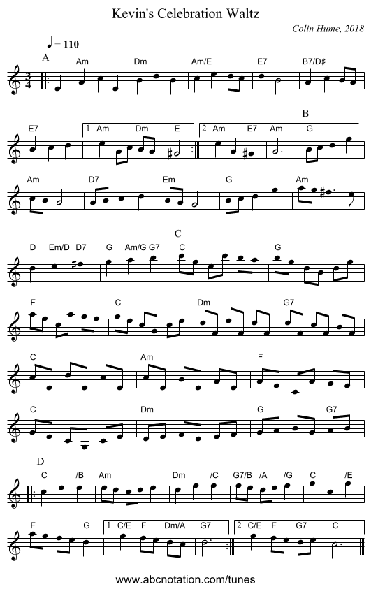 Kevin's Celebration Waltz - staff notation
