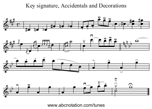 Key signature, Accidentals and Decorations - staff notation