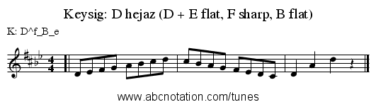 Keysig: D hejaz (D + E flat, F sharp, B flat) - staff notation