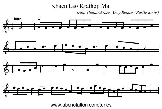 Khaen Lao Krathop Mai - staff notation