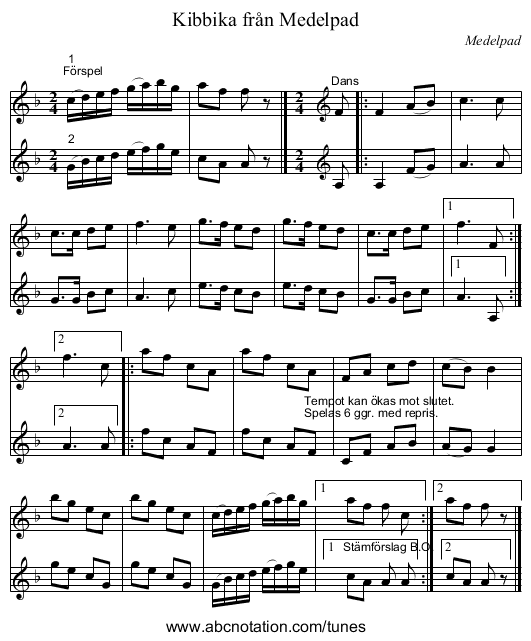 Kibbika från Medelpad - staff notation