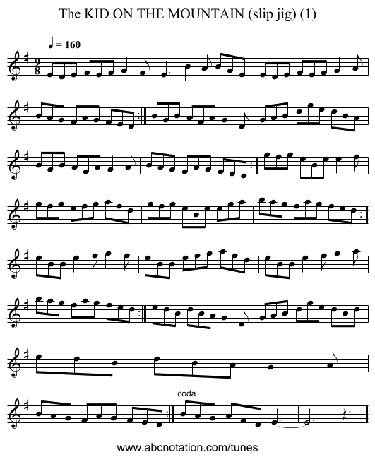 KID ON THE MOUNTAIN (slip jig) (1), The - staff notation