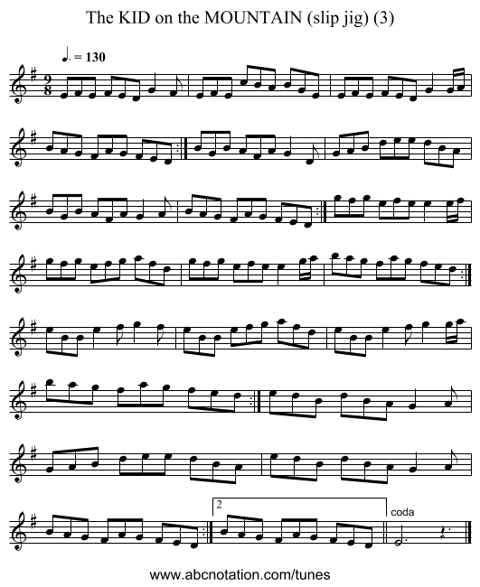 KID on the MOUNTAIN (slip jig) (3), The - staff notation