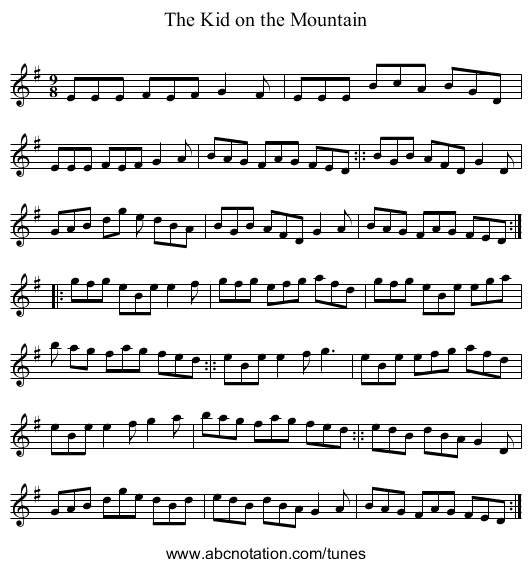 Kid on the Mountain, The - staff notation