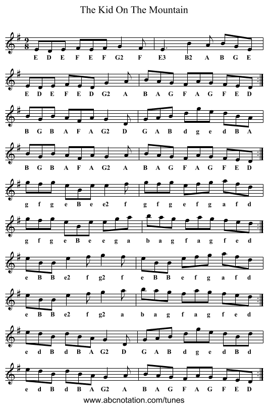 Kid On The Mountain, The - staff notation