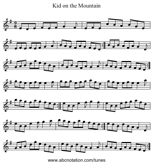 Kid on the Mountain - staff notation